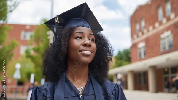 Fototapeta Smiling woman in a cap and gown celebrating graduation on a university campus