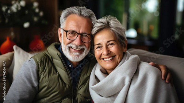 Obraz Elderly Couple Sitting on Sofa, Sharing Love and Joy