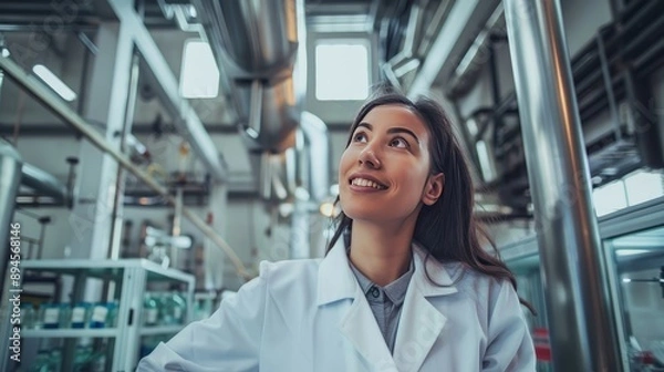 Fototapeta Woman in a white lab coat smiling and looking up inside a laboratory.
