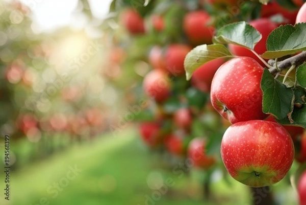 Fototapeta Red Apples on Branch in Orchard