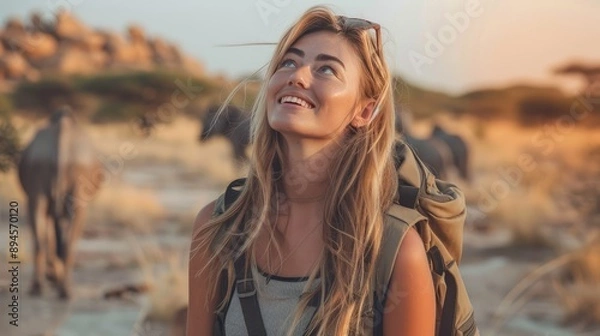 Fototapeta Smiling woman in a safari outfit enjoying a wildlife adventure with animals in the background