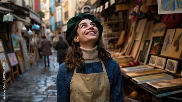 Fototapeta Smiling woman in a turtleneck and beret enjoying an art market filled with paintings