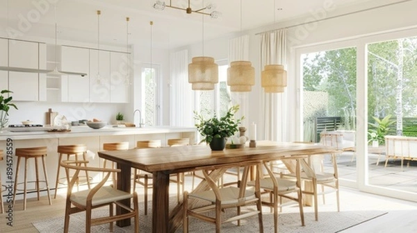 Fototapeta A bright, roomy dining space with Scandinavian decor, featuring a wooden table, chic chairs, and elegant pendant lights.