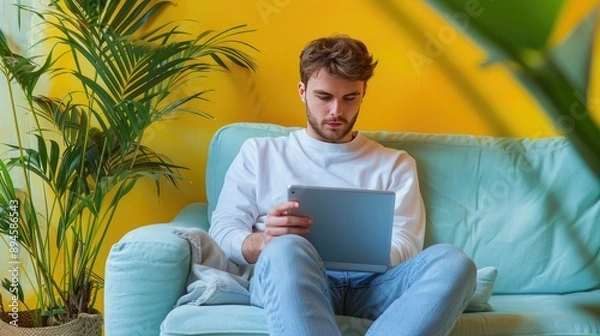 Fototapeta Young man using tablet on sofa with yellow wall, surrounded by plants
