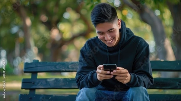 Fototapeta Smiling young man using smartphone on park bench, wearing hoodie