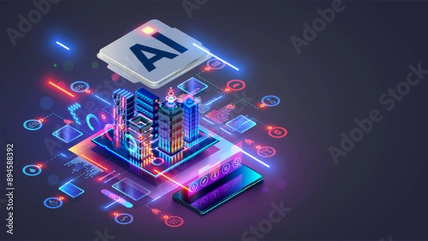 Fototapeta Smart city concept. AI controls Futuristic Smart city. Isometric Futuristic buildings inside chip with Ai or Artificial intelligence which effectively manages urban infrastructure. AI of Smart City.