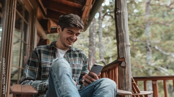 Fototapeta Happy young man using smartphone on cabin porch