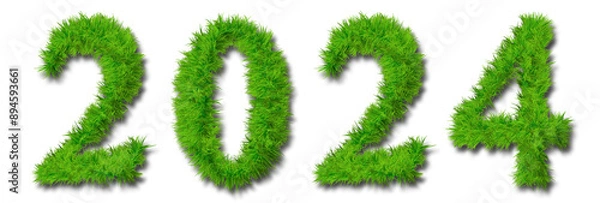 Fototapeta Concept conceptual 2024 year made of green summer lawn grass symbol isolated on white background. 3d illustration as a metaphor for future, nature, environment, organic growth, ecology, conservation