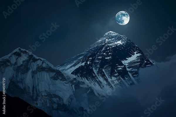 Obraz Moon over Mount Everest, India. Silhouette of the moon against the mountain peak at night with copy space. Minimal nature photography, dark background, wide angle. 