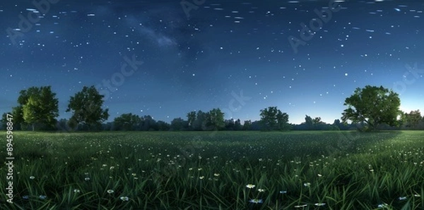 Fototapeta 360 panorama, meadow at night with stars in the sky, grassy field, green trees on horizon, photo-realistic, ultra realistic, cinematic 