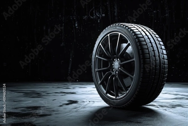 Fototapeta Black car tire on wet dark background with copy space
