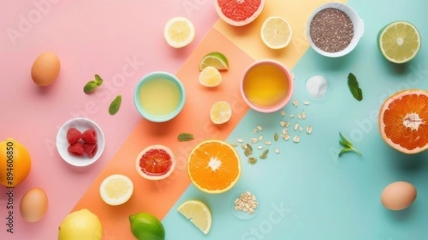 Fototapeta A colorful assortment of fruits and vegetables, including oranges, lemons