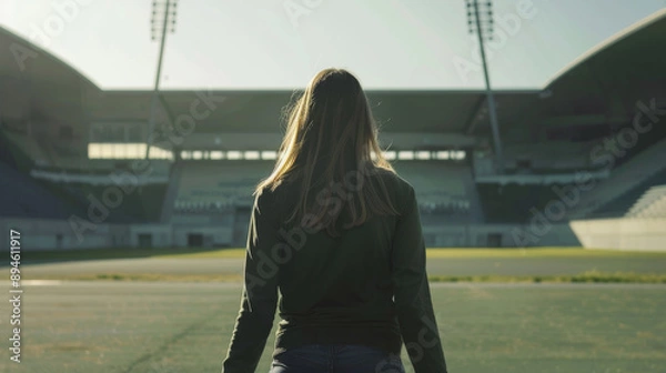 Fototapeta A lone woman stands in the shadow of an empty stadium, the morning light hinting at new beginnings.