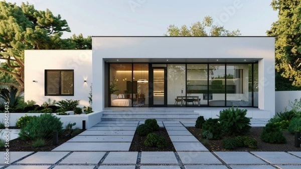 Fototapeta A minimalist home with a white facade, black-framed windows, and a front yard featuring geometric landscaping designs.