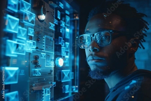 Fototapeta African American man with a well-groomed beard wearing eyeglasses, standing in front of a holographic display showing AI-powered mail filtering system, looking