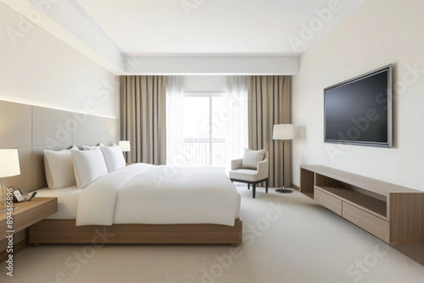 Fototapeta Modern hotel room interiors in neutral colors with a bed placed next to a large window. Commercial interior design composition.