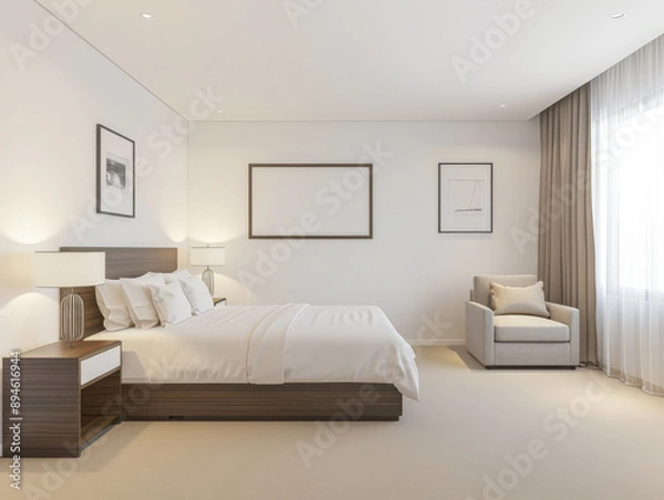 Fototapeta Modern hotel room interiors in neutral colors with a bed placed next to a large window. Commercial interior design composition.