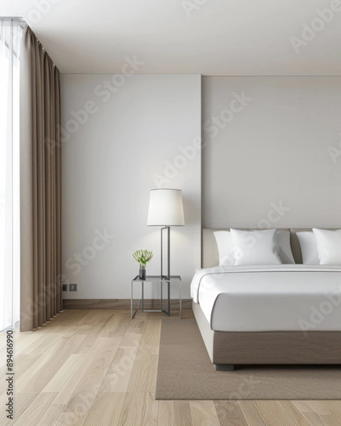Fototapeta Modern hotel room interiors in neutral colors with a bed placed next to a large window. Commercial interior design composition.