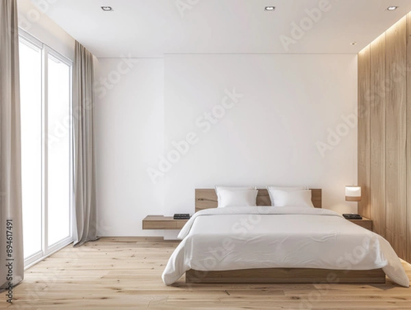 Fototapeta Modern hotel room interiors in neutral colors with a bed placed next to a large window. Commercial interior design composition.