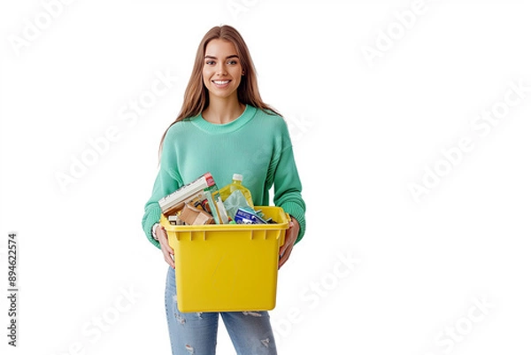 Fototapeta Woman smiling while holding a yellow recycling bin willed with waste. Generative AI.