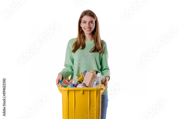 Fototapeta Woman smiling while holding a yellow recycling bin willed with waste. Generative AI.