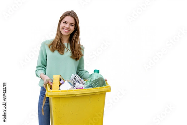 Fototapeta Woman smiling while holding a yellow recycling bin willed with waste. Generative AI.