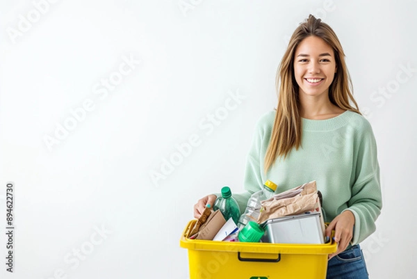 Fototapeta Woman smiling while holding a yellow recycling bin willed with waste. Generative AI.