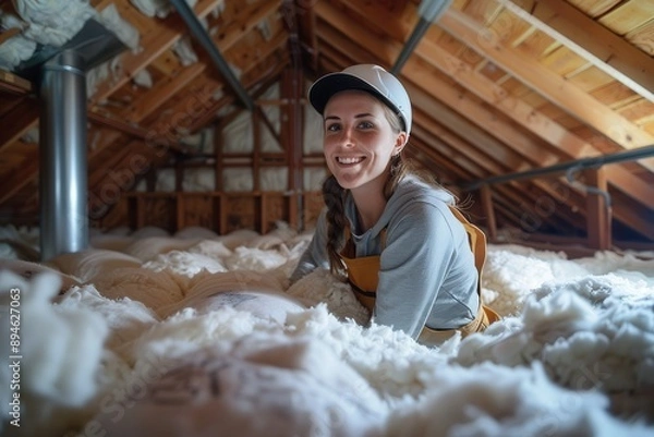Fototapeta Woman Adding Insulation to Attic for Energy Efficiency and Home Improvement