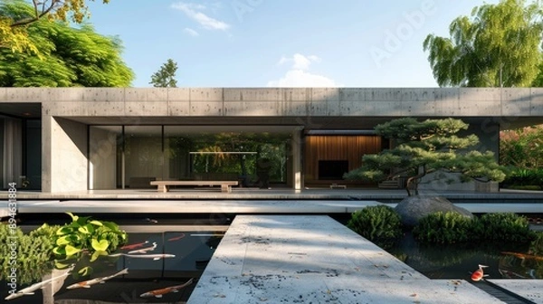 Fototapeta A sleek, modern home with a concrete exterior, large windows, and a minimalist garden with a koi pond.