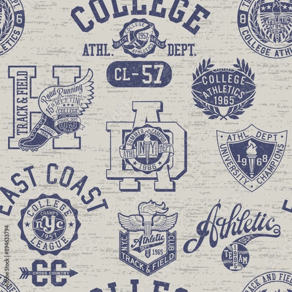 Fototapeta College athletic department badges and symbols patchwork wallpaper  vintage vector seamless pattern for sport wear fabric boy shirt grunge effect in separate layer