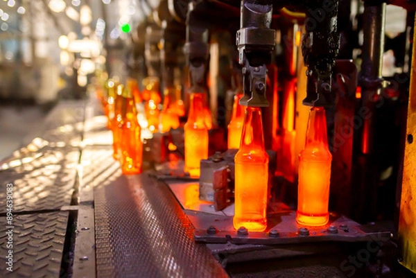 Obraz Glass factory, production of glass containers. Molten glass is blown into molds. Robotics in industry. Modern technologies, robotic machines produce products. Technological work at the plant.