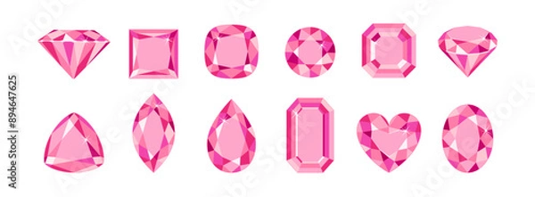 Fototapeta Pink gemstones of different shapes isolated on white background. Diamond or sapphire crystals set. Vector cartoon flat illustration.