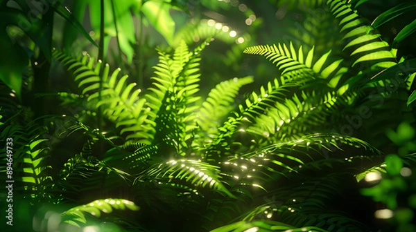 Fototapeta A vibrant scene of lush green tropical ferns basking in sunlight, capturing the beauty of nature and the serenity of a tropical rainforest. The ecosystem is rich in wildlife and greenery