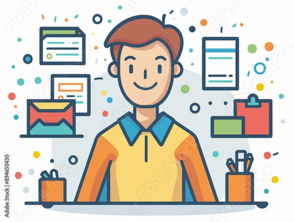 Fototapeta Vector illustration of man working in office. Flat line style design