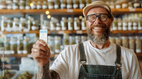 Fototapeta Happy Cannabis Shop Owner: A cheerful man in a cap and overalls, showcasing a card with a cannabis leaf design, smiles brightly in his dispensary shop.  