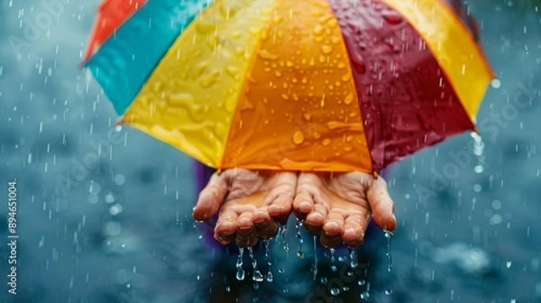 Fototapeta Catching Raindrops: A vibrant rainbow umbrella shelters hands reaching for the falling rain, embracing the magic of a rainy day.  