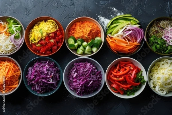 Obraz A colorful array of fresh vegetables such as peppers, cabbage, cucumbers, carrots, and onions, organized neatly in separate bowls, perfect for meal prepping and healthy eating.