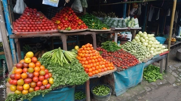 Fototapeta A market stall with a colorful array of fresh fruits and vegetables.