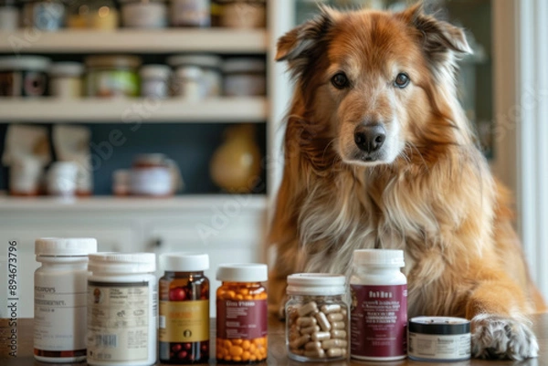 Fototapeta A dog sitting next to a collection of health supplements for pets