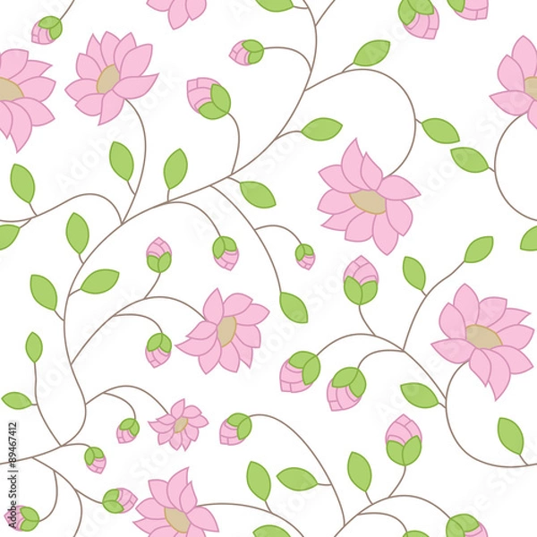 Fototapeta Vector seamless texture of delicate pink flowers with green leaves and branching stems