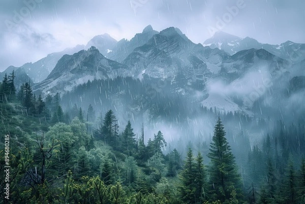 Fototapeta A mountain range covered in trees and snow