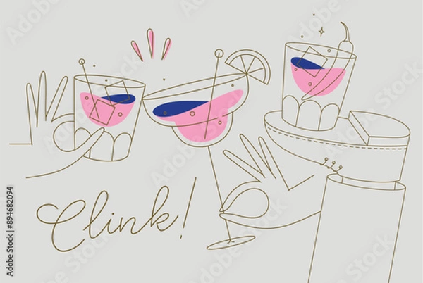 Obraz Cocktail glasses cheers for whiskey, vermouth, gin, martini, aperol, margarita in modern flat line style on beige background
