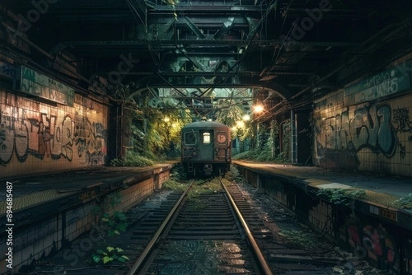 Fototapeta Abandoned Subway Station. An old, forgotten subway station, partially reclaimed by nature. Broken tiles and graffiti-covered walls are illuminated by flickering, eerie lights.
