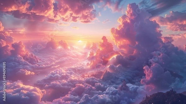 Obraz A stunning sunset fills the sky with pink and orange hues, casting a warm glow over fluffy white clouds as far as the eye can see