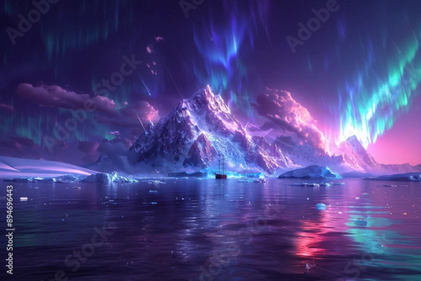 Fototapeta Ethereal Majesty: Aurora's Dance over the Mystic Iceberg | Generative AI