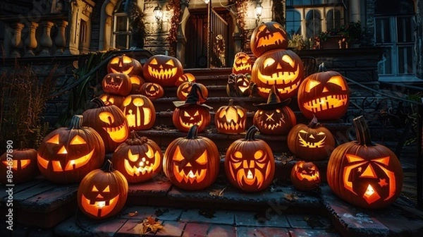 Fototapeta Haunted House with Intricately Carved Pumpkins Displaying Unique Halloween Designs from Witches to Ghosts Creating Spooky Eerie Festive Decorations for Celebrating Halloween Night