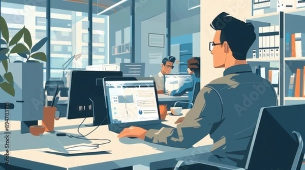 Fototapeta Office man assisting a coworker at their desk, office mentorship, support and teamwork