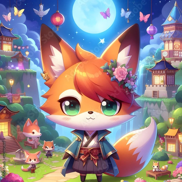Obraz Chibi Fox in a Night Meadow