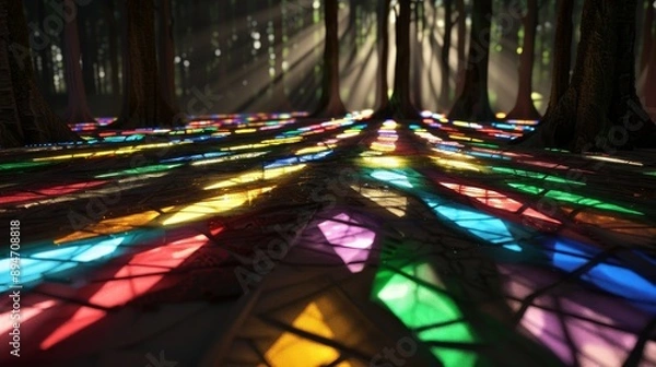 Fototapeta A surreal forest where trees are made of vibrant stained glass, casting colorful shadows on the forest floor, with mythical creatures roaming freely