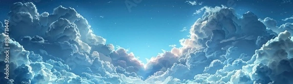 Fototapeta Serene sky with fluffy clouds framing a vibrant blue background, giving a dreamy and peaceful ambiance ideal for various creative uses.